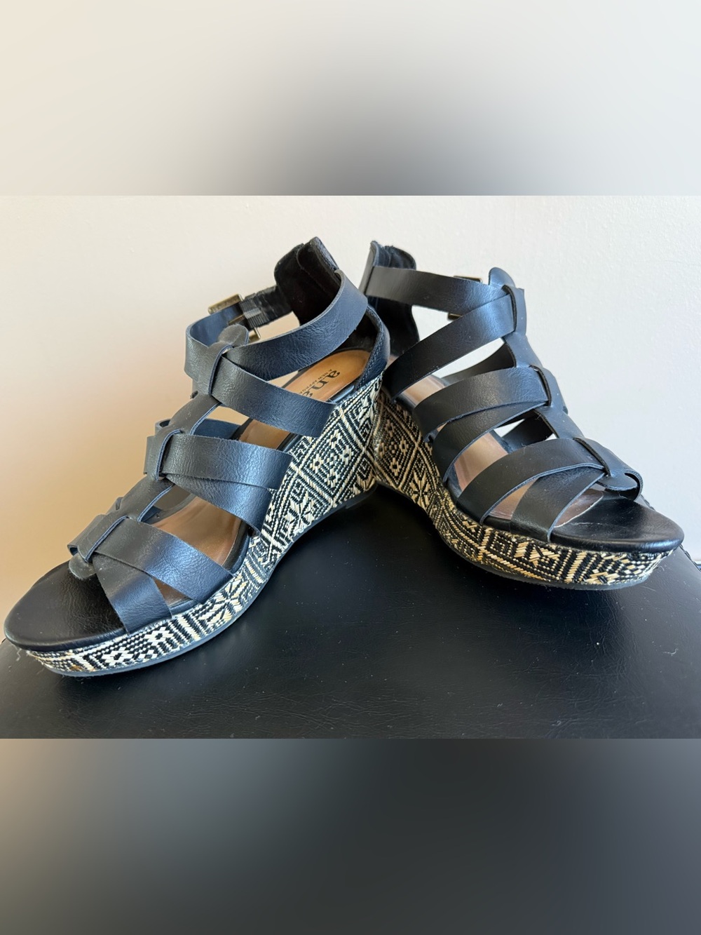 a.n.a Black Strappy Wedge Sandals with Patterned Espadrille Heel